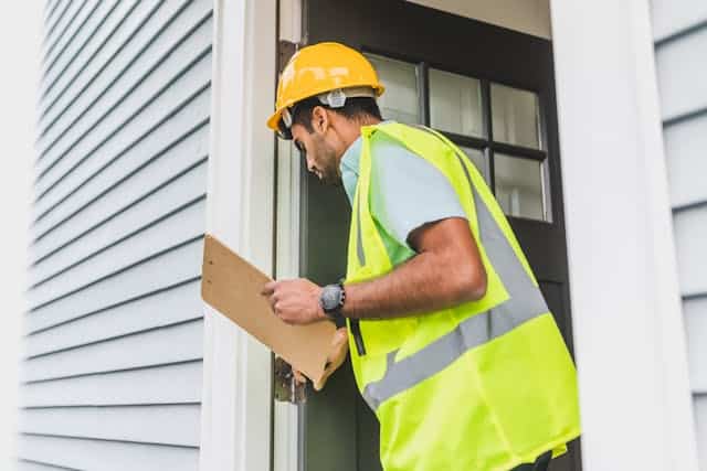 pexels-rdne-8293667 1 | Specialized Memphis man in vest and hard hat holding clip board and inspecting the hinges on a front door